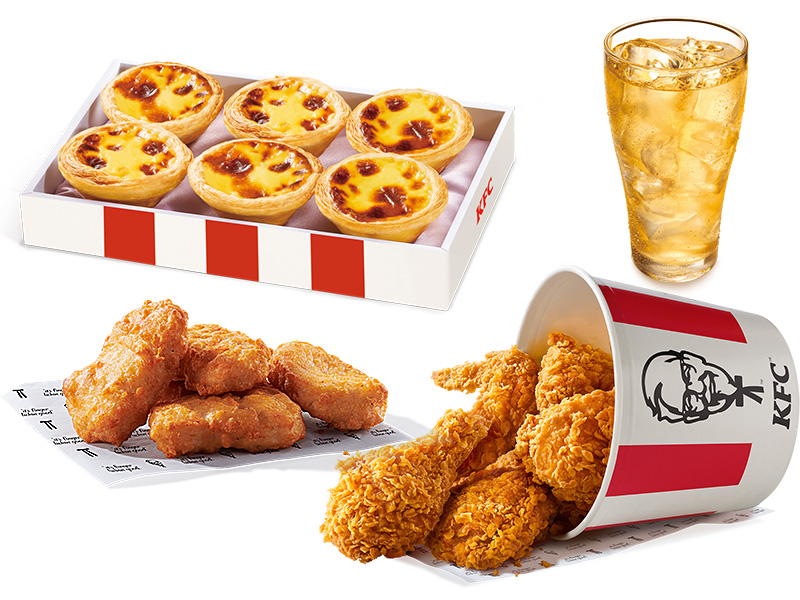 KFC-5塊咔啦脆雞(桶)+1盒原味蛋撻禮盒(6入)+8塊上校雞塊+2杯冰無糖綠茶(小)
