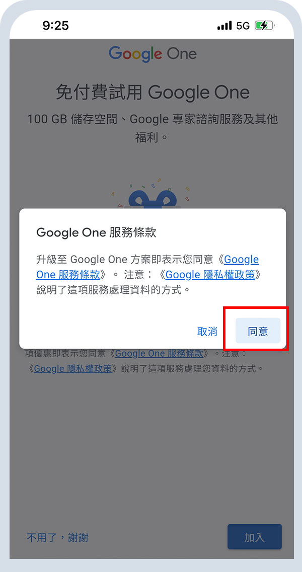 Google One同意條款
