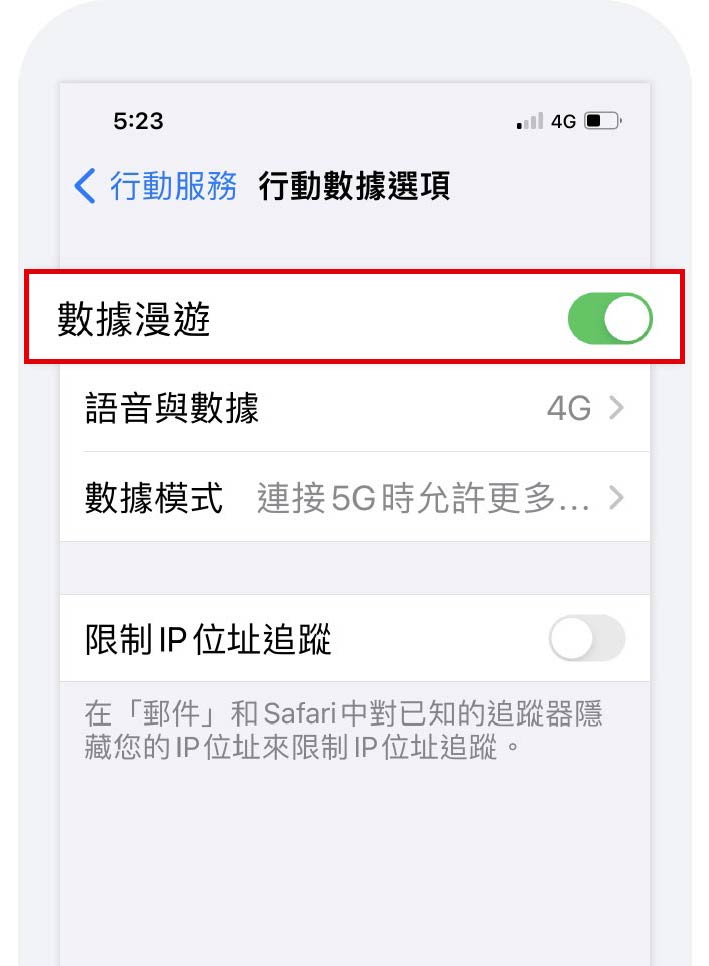 開啟「數據漫遊」開關